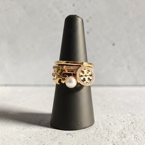 Tory Burch Gold Tone Stackable Ring Set with Logo Charms Pearl & Crystals Size 7